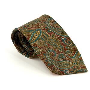 Vintage 80s Oleg Cassini Brick Red 100% Silk Olive Paisley Wide Necktie